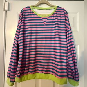 Striped Pink & Teal Lightweight Sweatshirt with Lime Trim